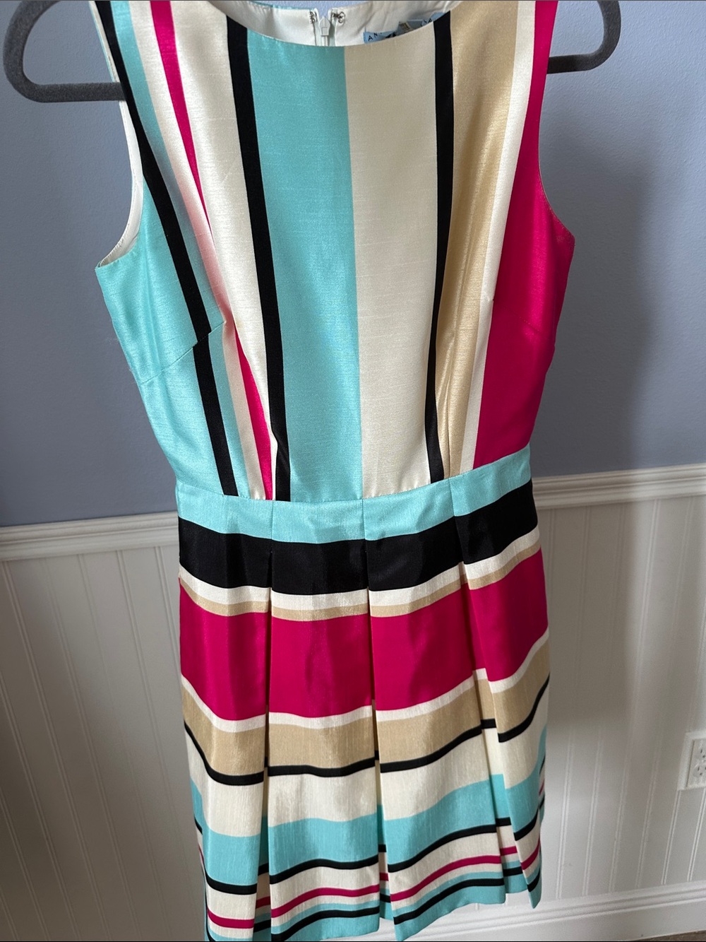 ANTONIO MELANI Striped Sleeveless Mini Dress in Aqua, Fuchsia & Cream